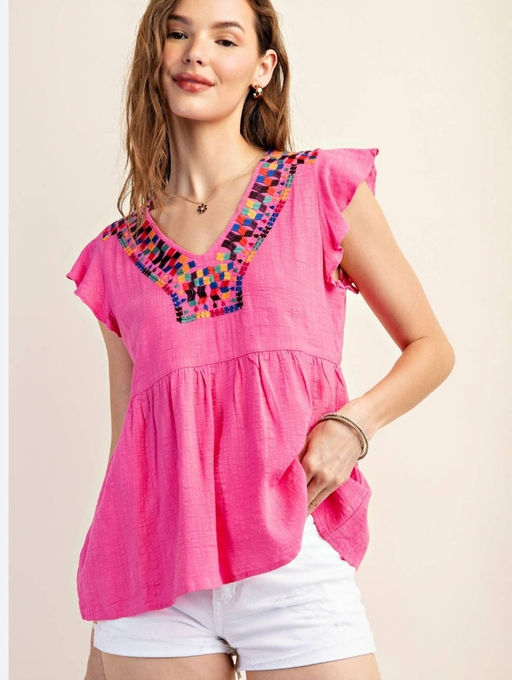 Pink Embroidered V-Neck Flutter Sleeve Top